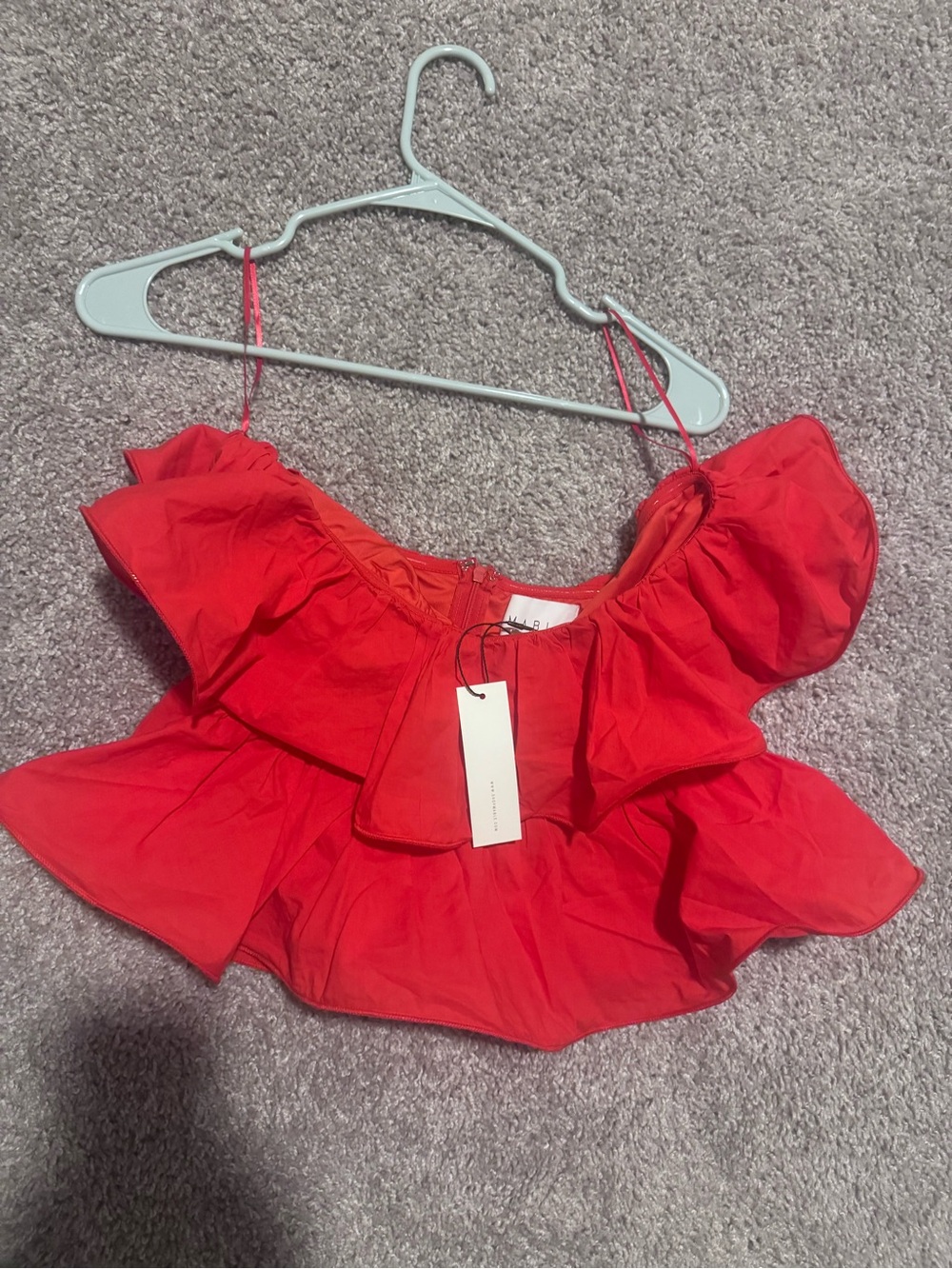 MARBLE Red Ruffle Off-Shoulder Crop Top